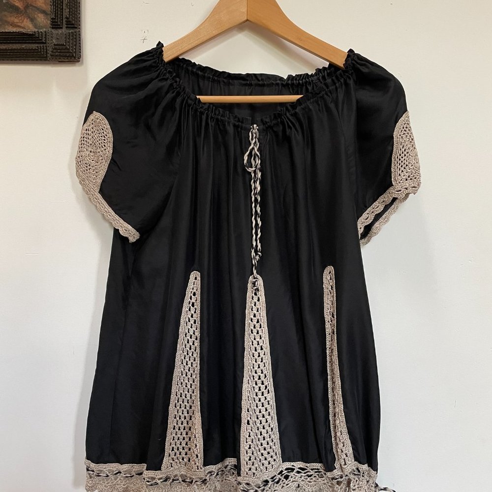 VIntage silk top with grey crocheted detail